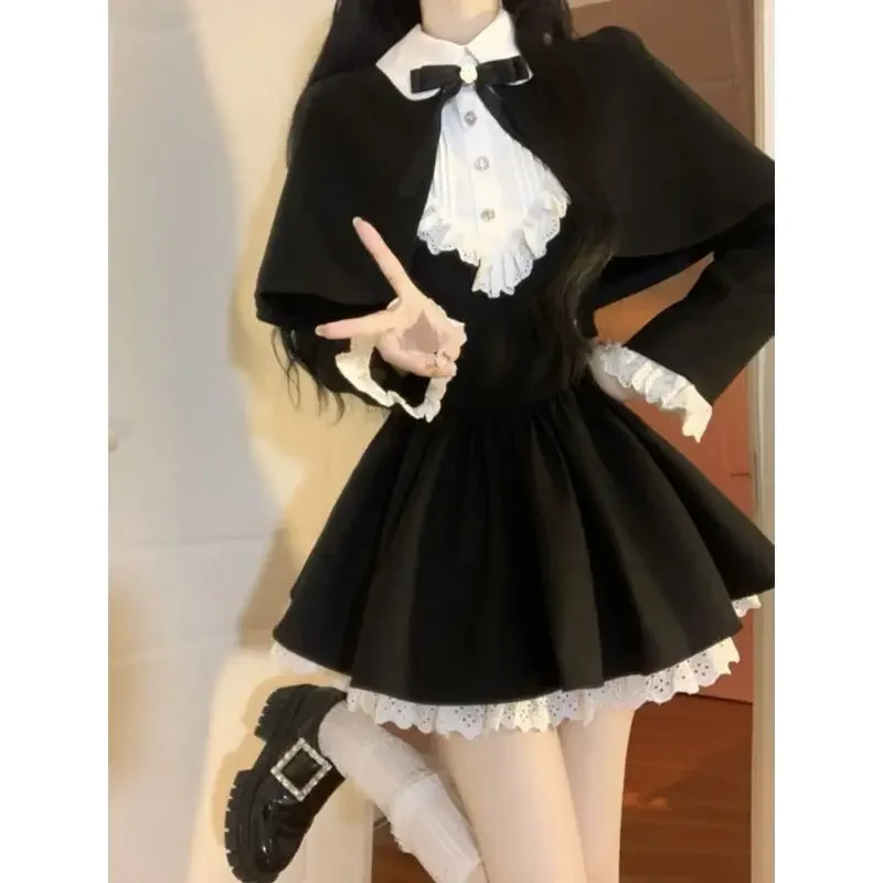 

2025 Fashion Lolita Style Dress Women Gothic Y2k Cloak Coat Lace Patchwork Long Sleeves Dress Vintage Elegant Party Mini Dress