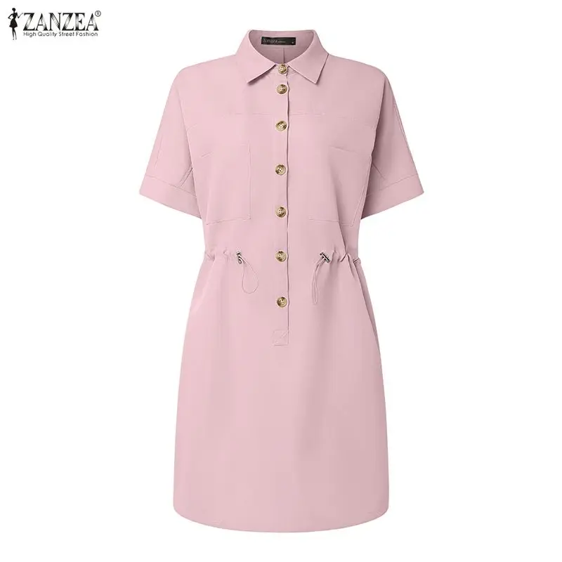 ZANZEA Women's Casual Cargo Dress Collared Short Sleeve Half-Button Drawstring Waist Knee-Length Dresses 2026 Summer Robes Femme