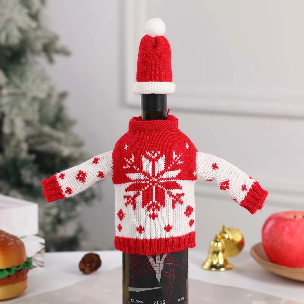 Knitted Clothes with Hats Christmas Wine Bottle Cover Christmas Decorations Portable Champagne Wine Bag Snowflake Reusable
