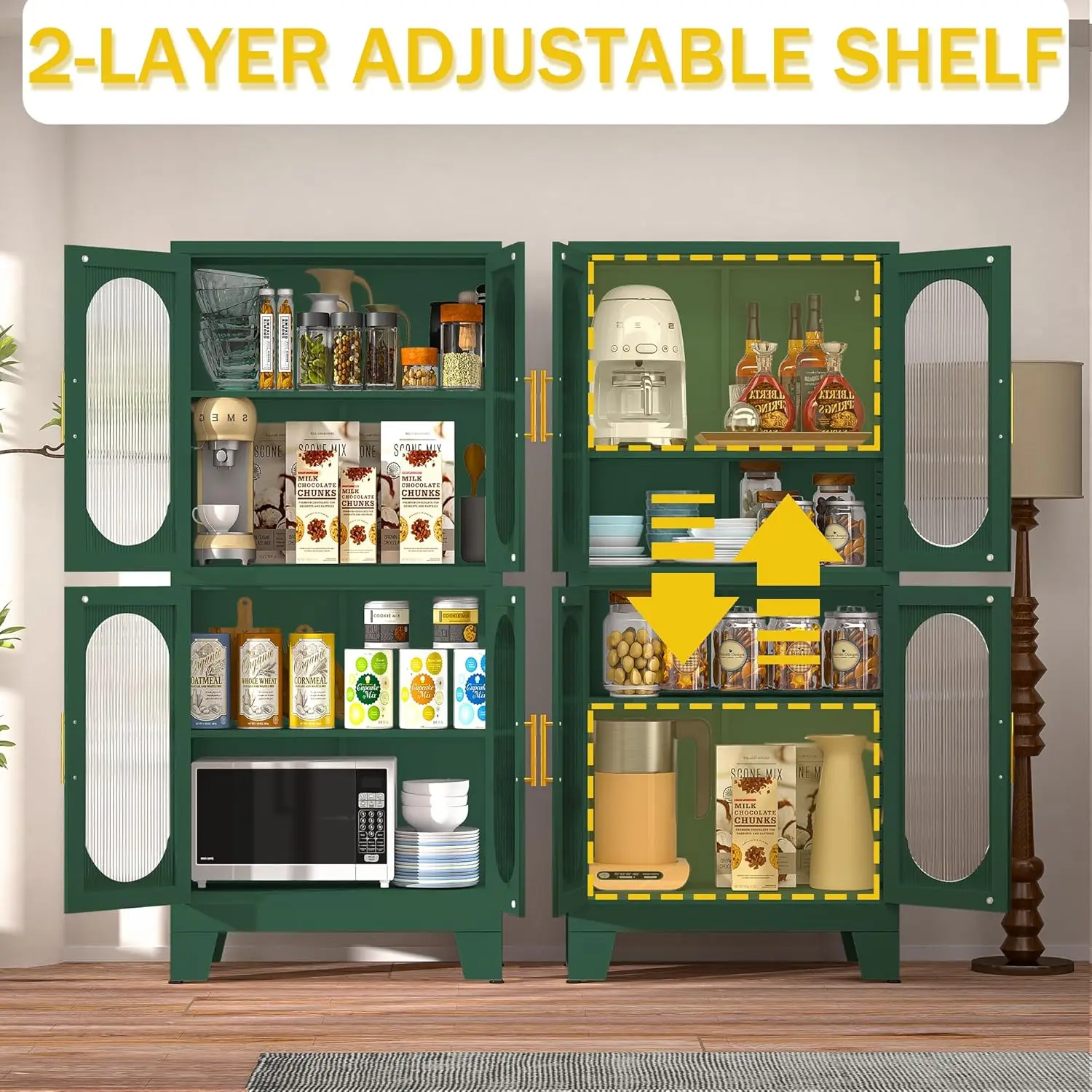 Armoire de rangement pour garde-manger, armoires de garde-manger 61 "avec portes en verre acrylique et étagères réglables, armoire de garde-manger de cuisine en métal