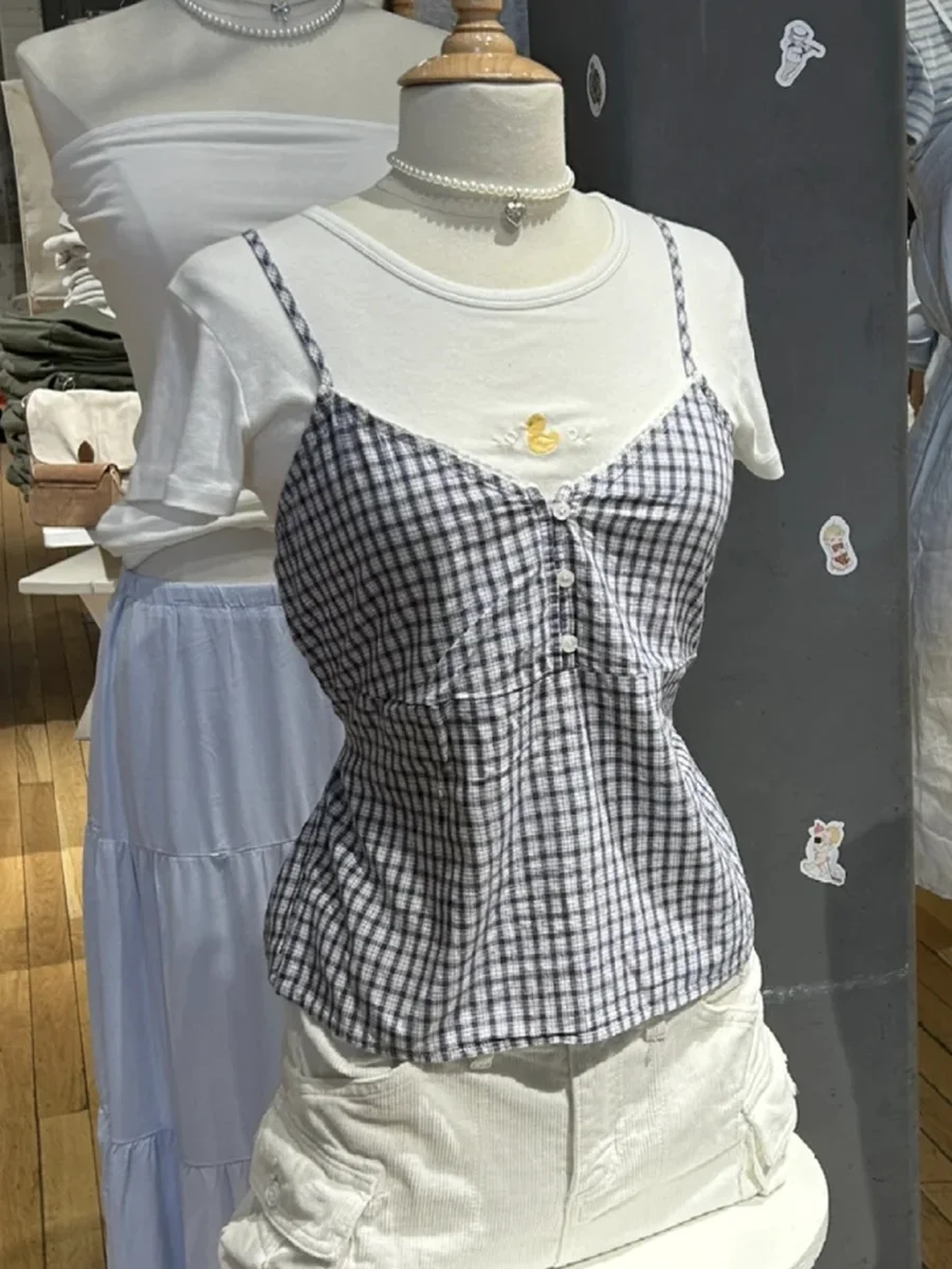 

Vintage Navy Plaid Tank Top Woman Lace Trim V-neck Buttons Back Lace-up Cotton Camis Summer Casual Streetwear Sweet Slim Vest