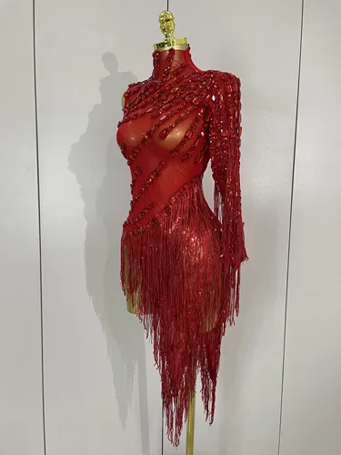 Imagen 2 del producto Vestido transparente sexi con borlas y diamantes de imitación brillantes para mujer, trajes de baile latino con un hombro, Bar, fiesta en club nocturno, disfraz de escenario