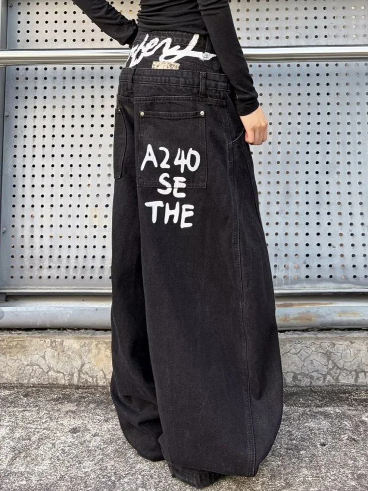 

2025 Trend Y2K Style Double Waistband Letter Graffiti Black Baggy Women's Jeans Pants For Woman Clothing Wide Leg Denim Trousers