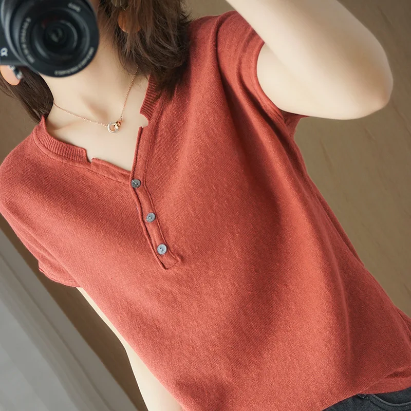 Brand Clothes Summer New Women's Short Sleeve T-shirt Cotton Cool and Breathable V-Neck Knitted Shirt Casual Loose Versatile Top