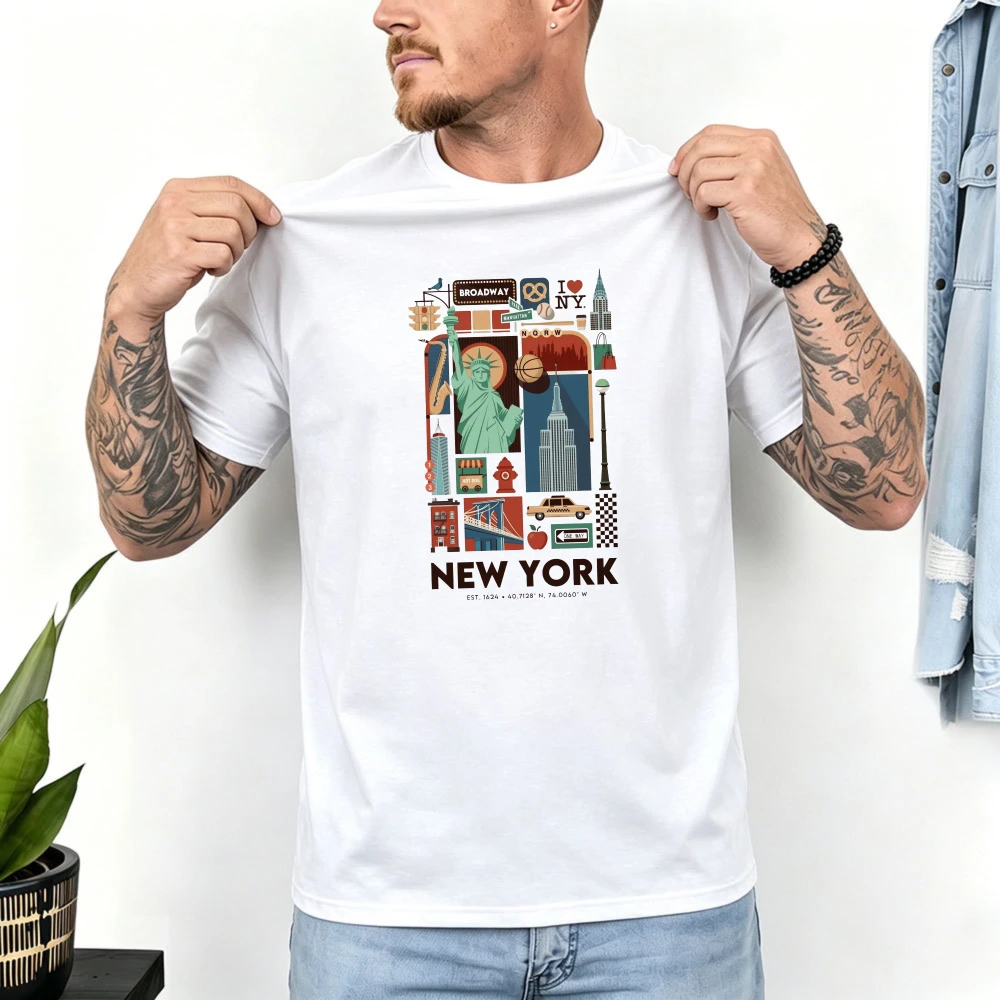 New York City Icons Graphic Tee Broadway Liberty Times Square Travel Souvenir Men Women Cotton Short-sleeve Tops Y2k Streetwear