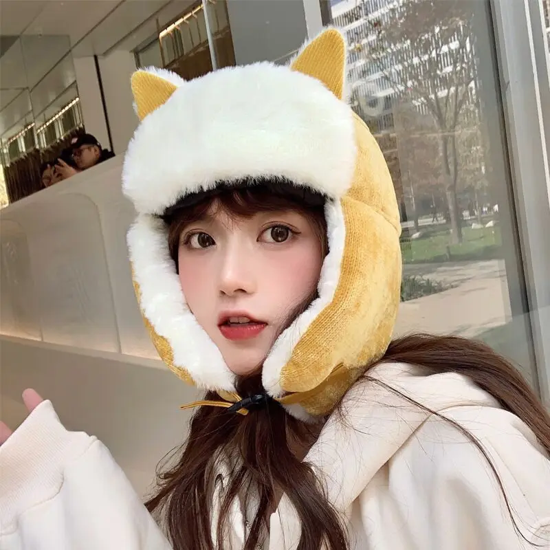 Winter Women Cold-proof Warm Earmuffs Thicken Ear-flapped Hats Warm Cotton Hats Cat Ears Cap Cashmere Plush Cotton Russian Hats