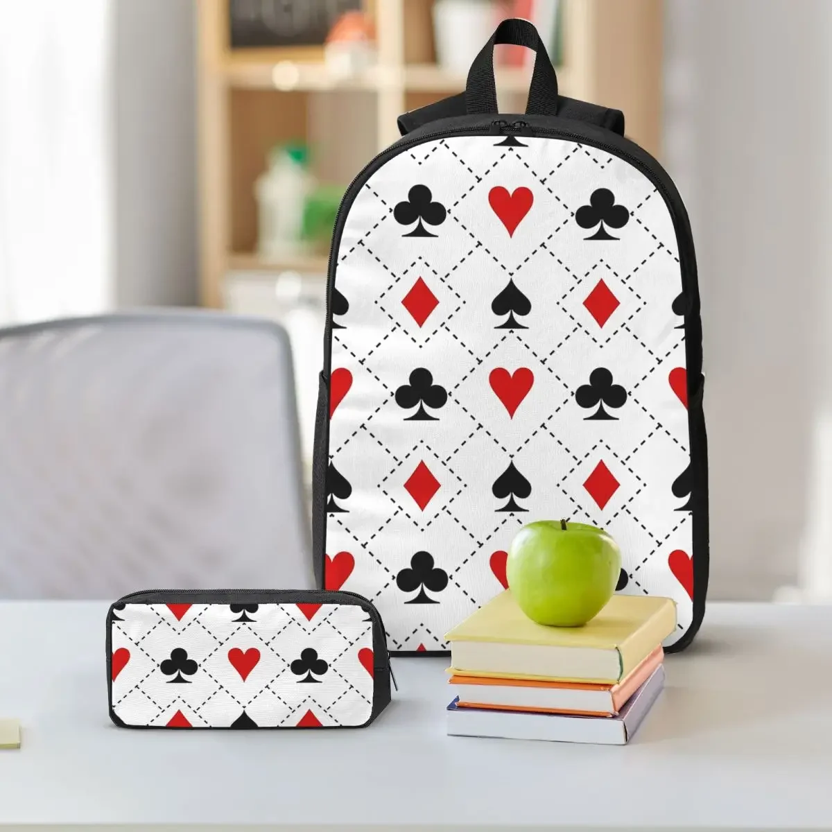 Playing Cards Suit Symbols Pattern Backpack Boys Girls BookBag School Bag Shoulder Bags 3ps Insulated Lunch Bag Pencil Case