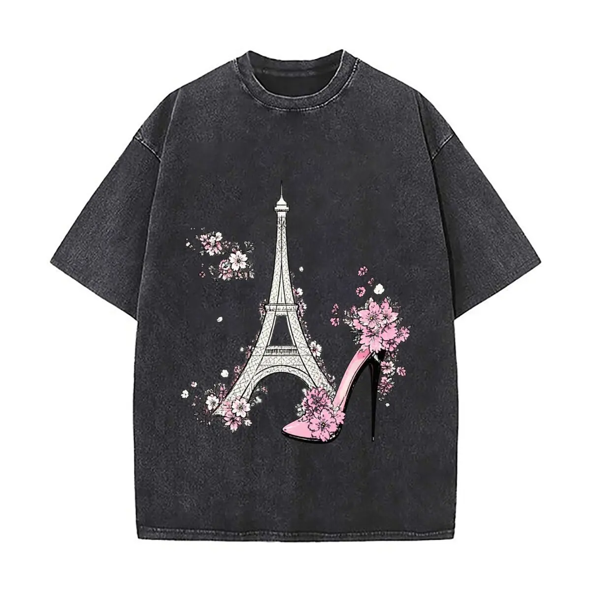 2026 Paris Eiffel Tower Pink High Heel Floral Blossom Washed Distressed Loose Streetwear Tops for City Walks