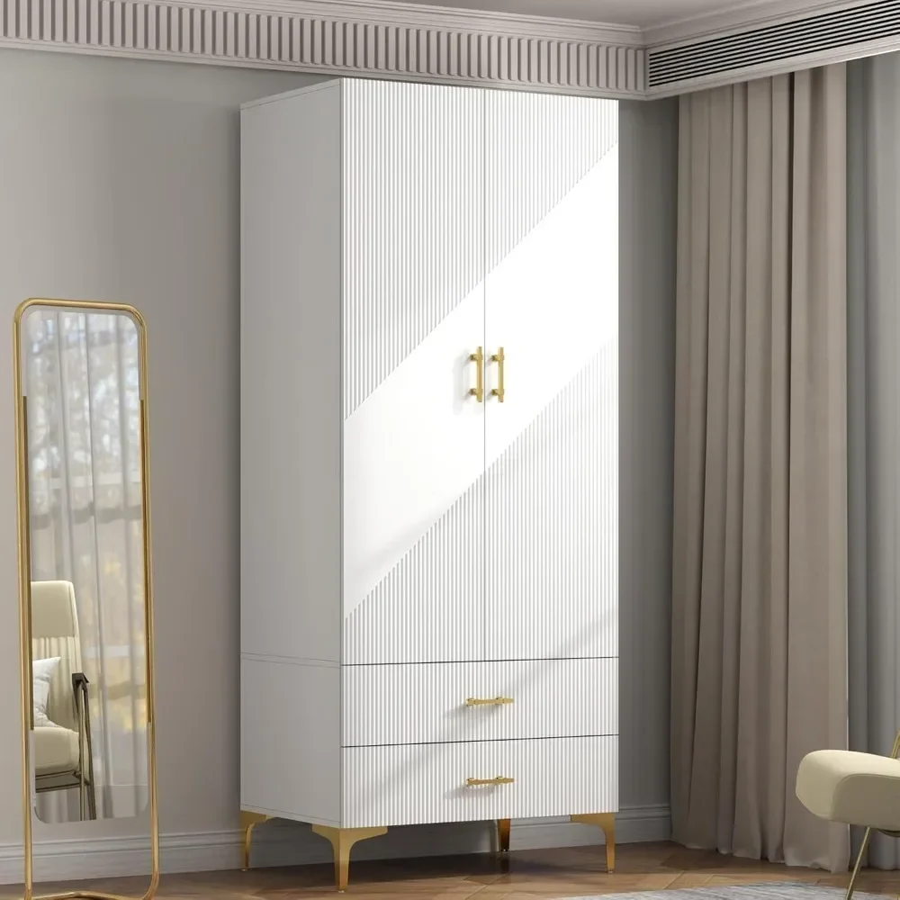 Wardrobe Armoire with 2 Doors, 2 Drawers and Hanging Rods, Twill Wood Closet Storage with Metal Cabinet Legs, White ,Wardrobes