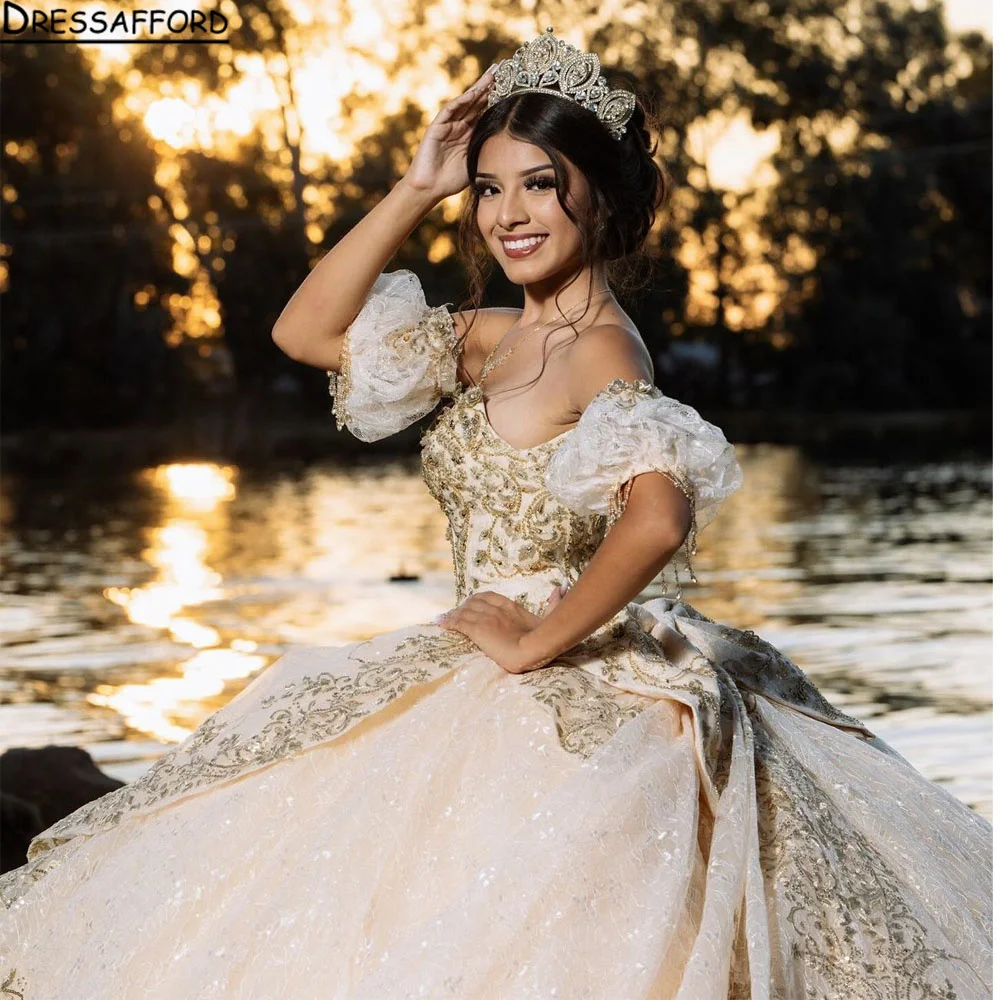 

Блестящее Тюлевое платье цвета шампанского для Quinceanera 2024, милые бальные платья со съемными рукавами и бисером 15 16, корсет, женское платье