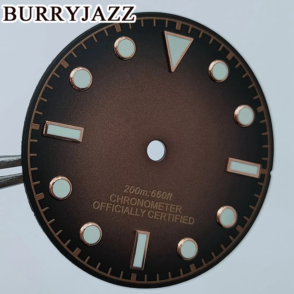 BURRYJAZZ 29mm No Logo NH35 NH36 ETA2824 2836 PT5000 Miyota 8215 Watch Dials Brown Dial Green Luminous Fit 3 O\'clock Case Crown