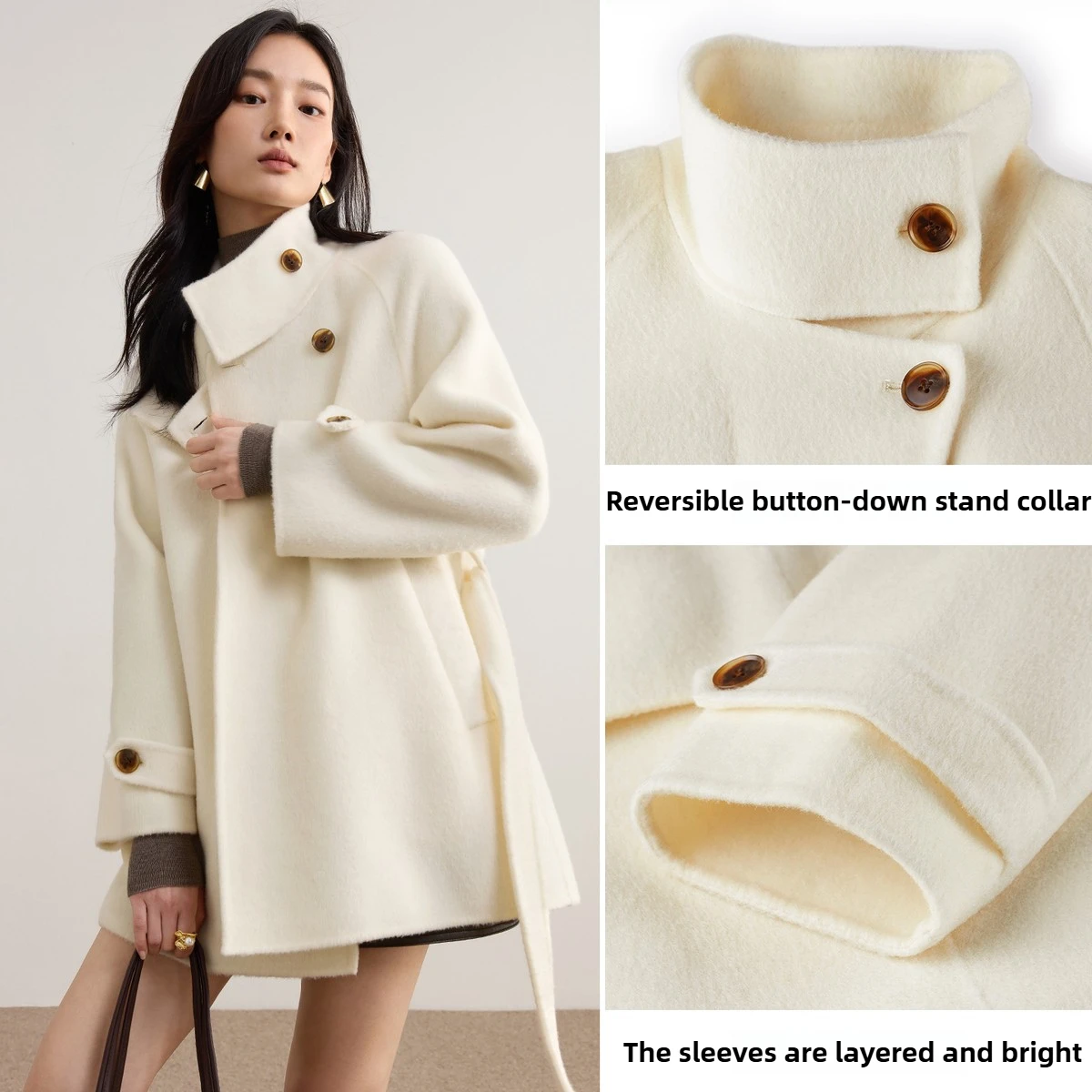 SENTUBILA Women's 100% Wool Coat Ladies Double Faced Belted Overcoat 2025 Winter Stand Collar Warm Outerwear Woman W54OG8765