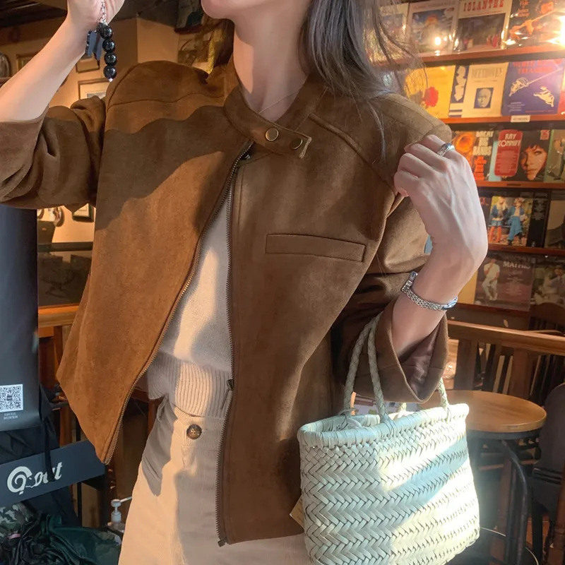 

Retro Sle Women's ort Jaet Cool And Sli Motorcycle Clothes Deer Skin Velvet Zipper Collar Outerwear Spring Faion