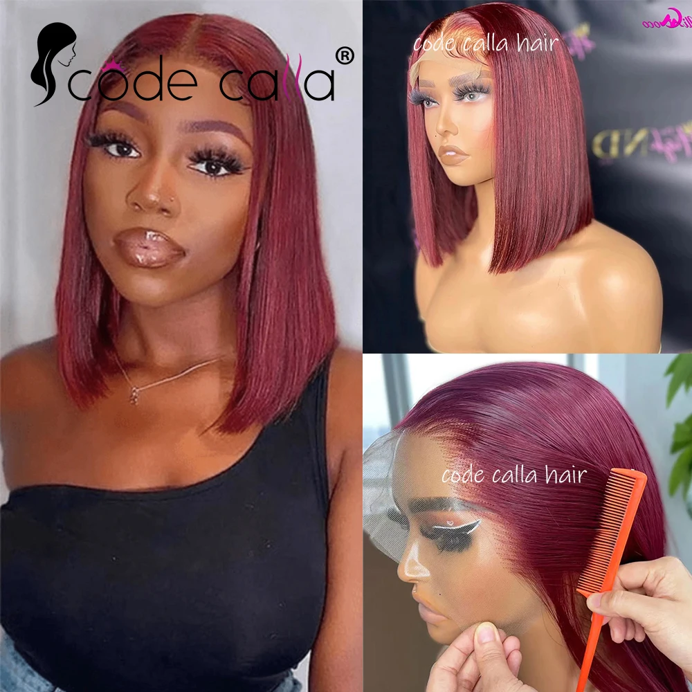 Perruque Bob Lace Front Wig Remy brésilienne naturelle, cheveux courts lisses, bordeaux 99J, T-Part, pre-plucked