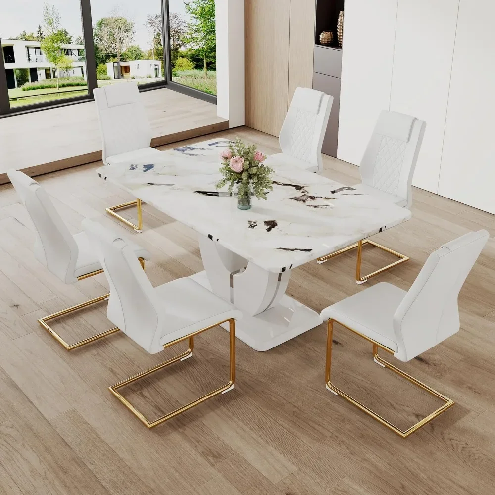 

White Faux Marble Dining Table Set for 6,Dining Room Table Set and 6 PU Leather Upholstered Dining Chairs,63''Large Dinner Table