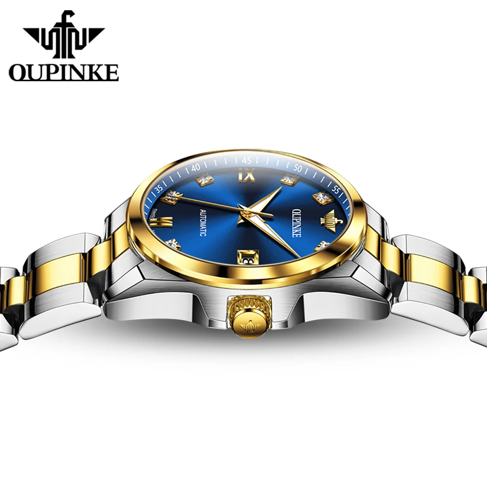 OUPINKE 3199 ساعة نسائية أنيقة ساعة ميكانيكية ماسية حقيقية للنساء تاريخ تلقائي ساعة يد فاخرة 50 متر مقاومة للماء مضيئة