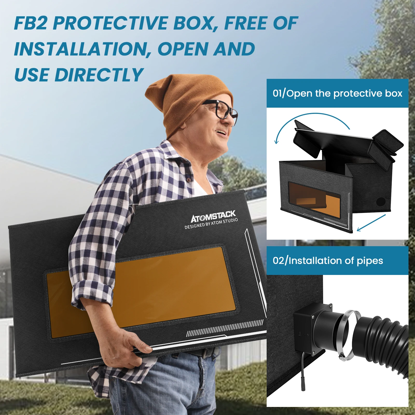 Custodia per incisore laser ATOMSTACK Copertura protettiva ignifuga e antipolvere 760x740x420mm con ventola di scarico e tubo adatto