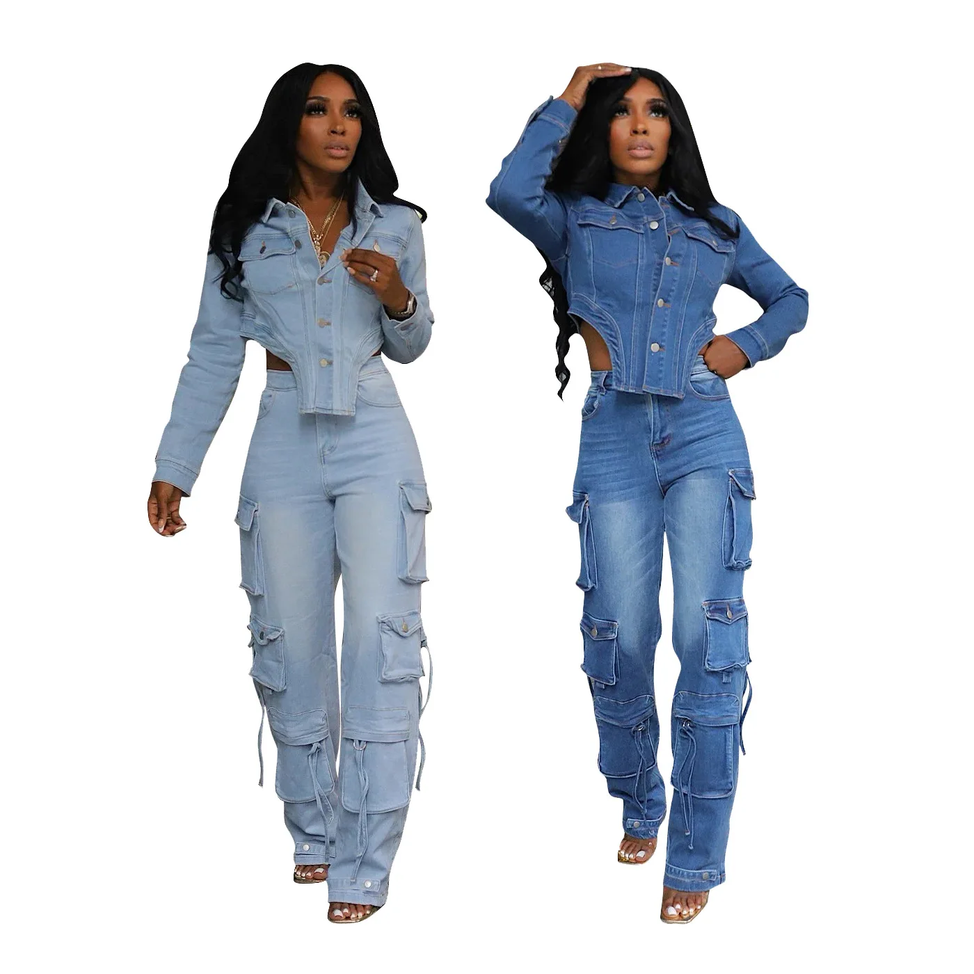 

Casual Denim Two Piece Set for Women Streetwear 2024 Autumn Single Breasted Turn-down Collar Crop Top Button Fly Cargo Pants