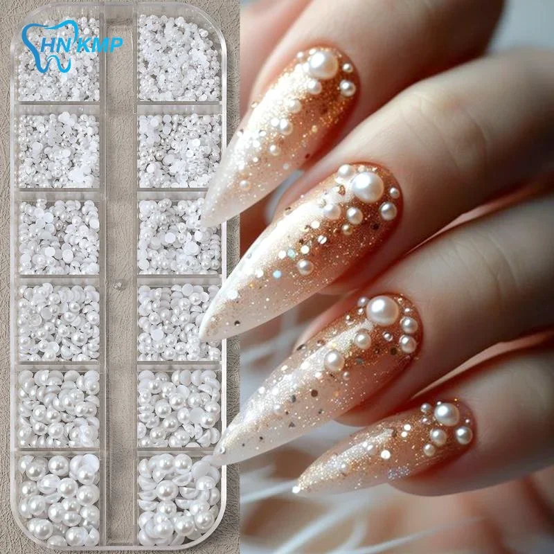 12 rejillas de perlas de fondo plano mezcladas, diamantes de imitación semicirculares, decoración de uñas 3D, joyería para uñas, abalorio para manicura artística