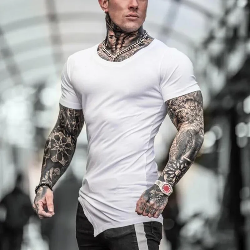 Brand Summer Fitness Men Cotton Short Sleeve t-shirt Oblique V Neck Gyms Clothing Bodybuilding T shirt Male Slim Tight Tees Tops