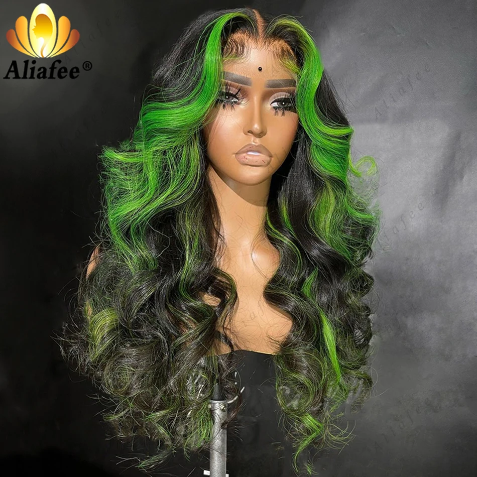 Destaque peruca verde onda do corpo, brasileiro, 100% cabelo humano, pré arrancado, laço transparente com cabelo do bebê, peruca de renda 13x4