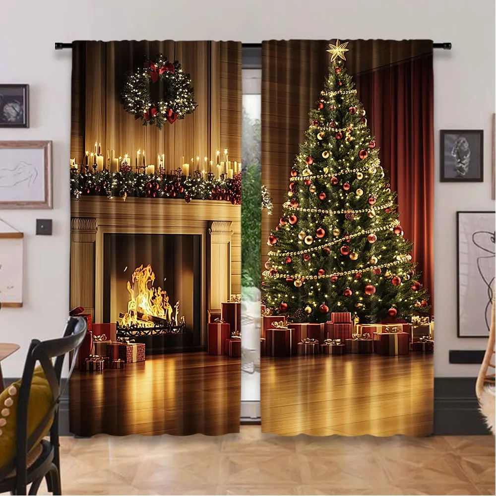 2Pcs Christmas Curtains Christmas Tree Cute Winter Holiday Xmas Gifts Snowflakes Elf For Living Room Window Home Drapes
