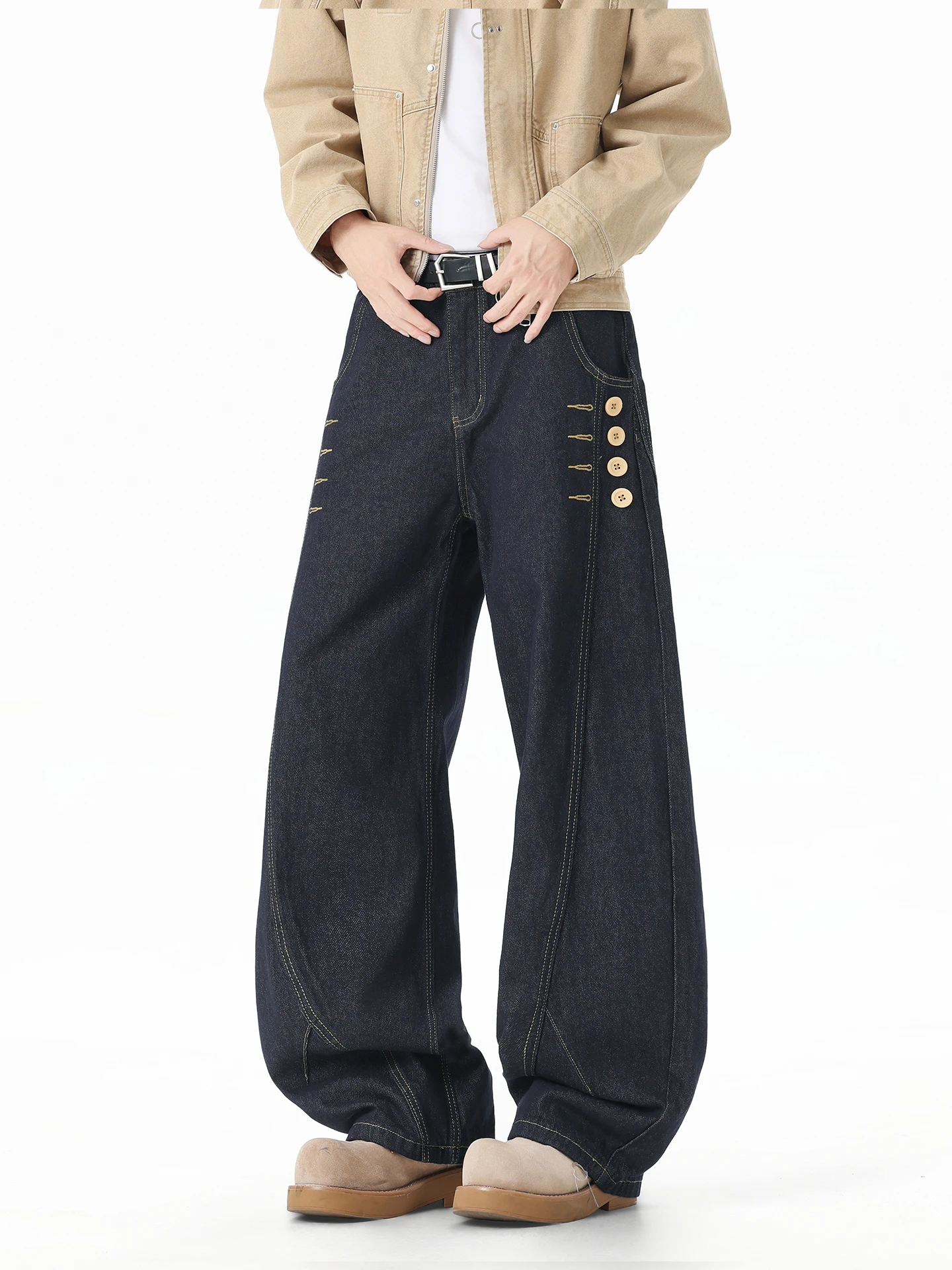 Washed Original Denim Men's Autumn Wide Leg Jeans Cleanfit American Retro Button Design Deconstructed Loose Fit Long Pants