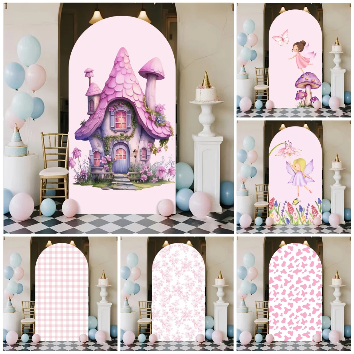 

Фоны для фотосъемки с сказочным грибным домиком для девочек, розовый день рождения, детский портрет, сказочная тема, праздничные фоны