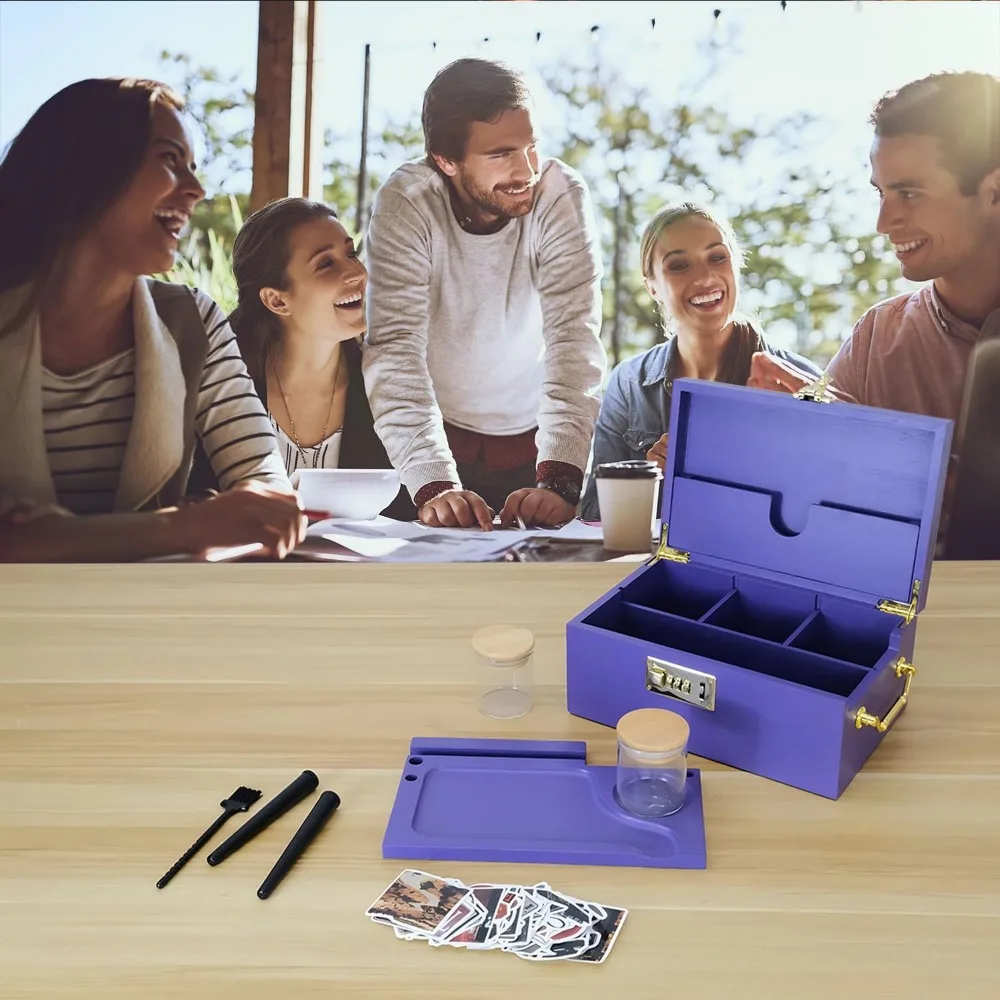 Locking Bamboo Box Gift Set,Purple tool box,2024 Decorative Home Box With Combination Lock,Locking Bamboo Box with Jars,stickers