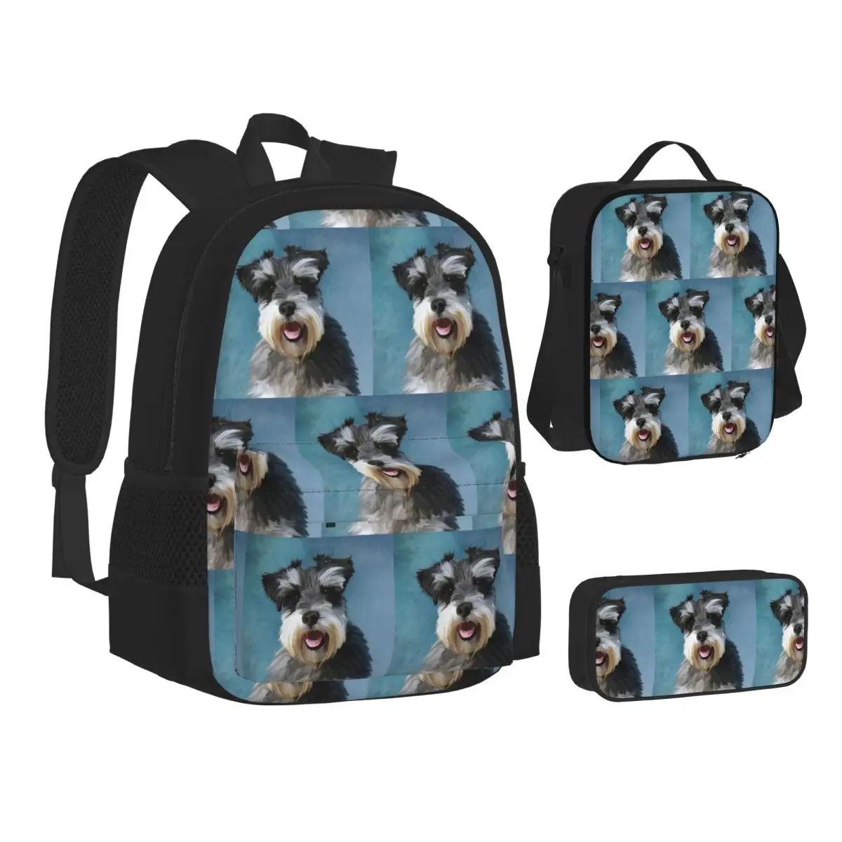Miniature Schnauzer Dog Water Color Art Backpacks Bookbag School Bags Children Rucksack Lunch Bag Pen Bag Three-Piece Set
