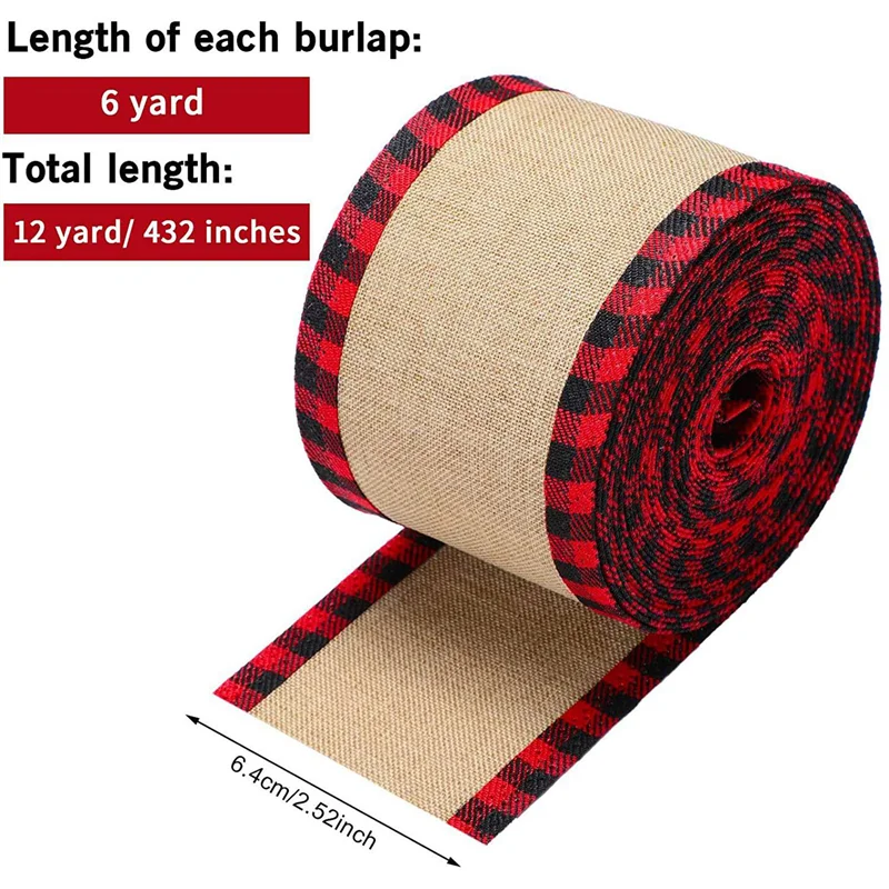 B62B-8X Buffalo Plaid Wired Edge Ribbons Christmas Burlap Fabric Craft Ribbon Wrapping Ribbon Rolls With Checkered Edge Red