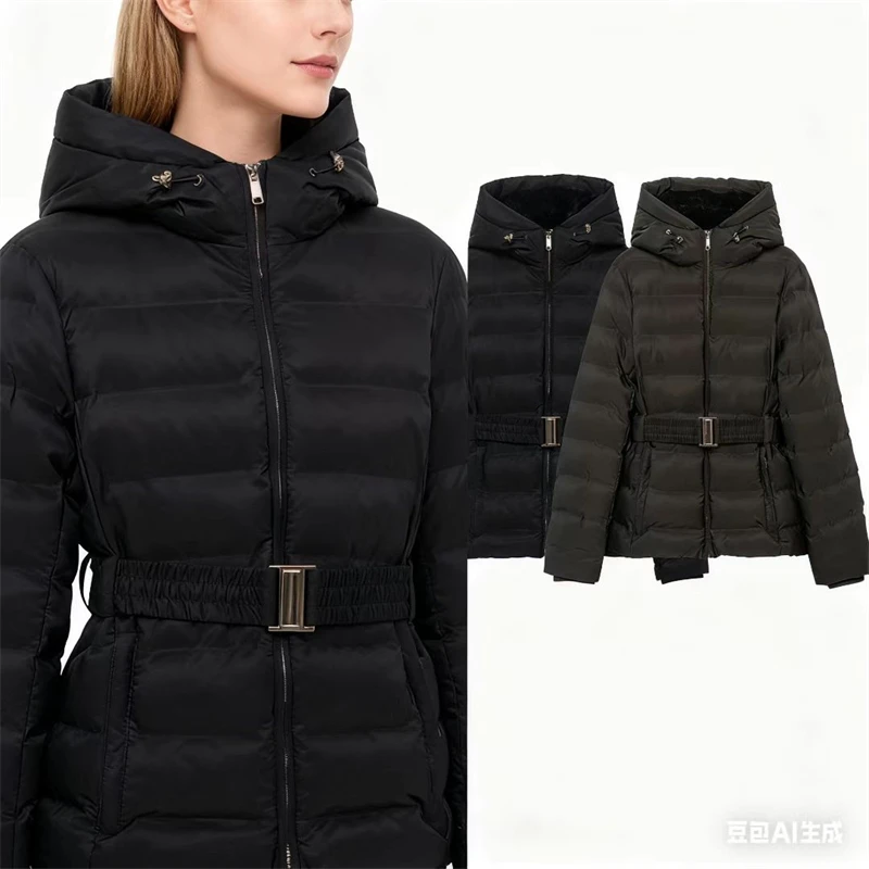 Chaqueta de algodón con capucha y cinturón para mujer, abrigo acolchado ajustado, abrigo cálido de invierno negro y gris oscuro