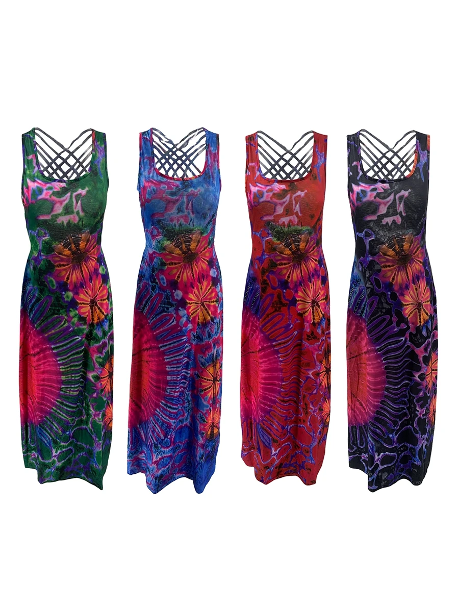 Chique En Elegante Vrouwen Stropdas Dye Print Spaghetti Halter Maxi Losse Jurk Vrouwelijke Vakantie Jurk Vestidos