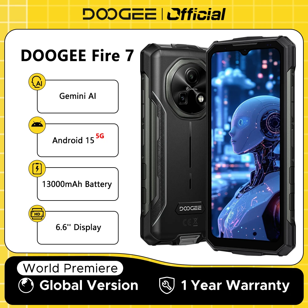 DOOGEE Fire 7 5G Rugged Phone Gemini AI 13000mAh Battery 6.6'' Display 64MP Camera Dimensity 6300 Android 15 Smartphone NFC