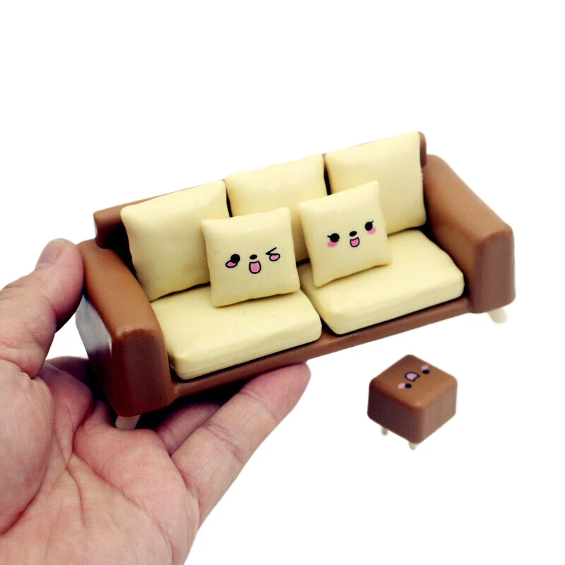 1Set 1:12 Dollhouse Miniature Sofa W/Stool Tofu Sofa Pillow Cushion Living Room Furniture Model Decor Toy Doll House Accessories