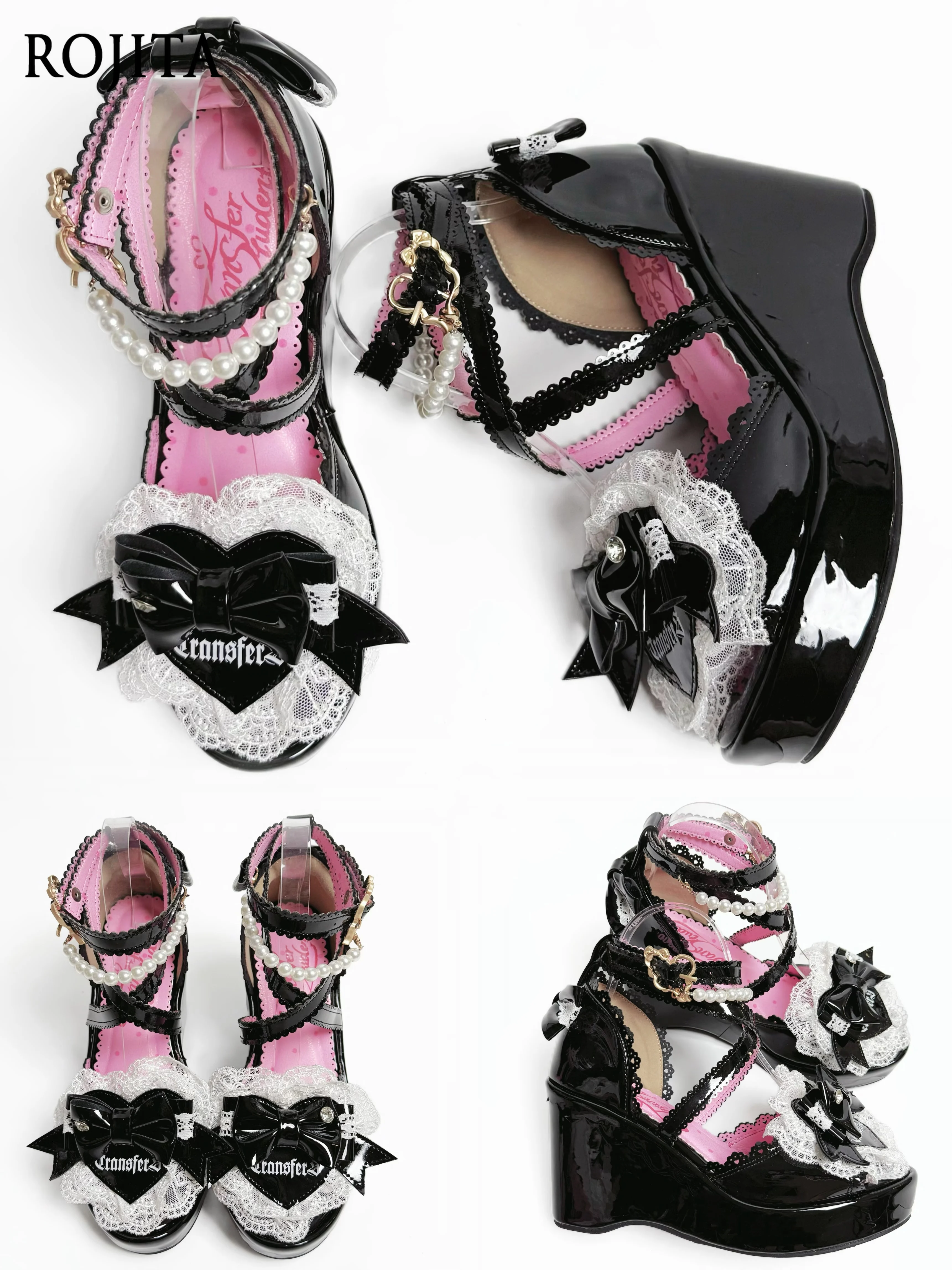 

Open-Toe Sandals Fish Mouth Wedge Sandals Lace Patchwork Bead Chain Decoration Vintage Style Waterproof Platform Platform Shoes