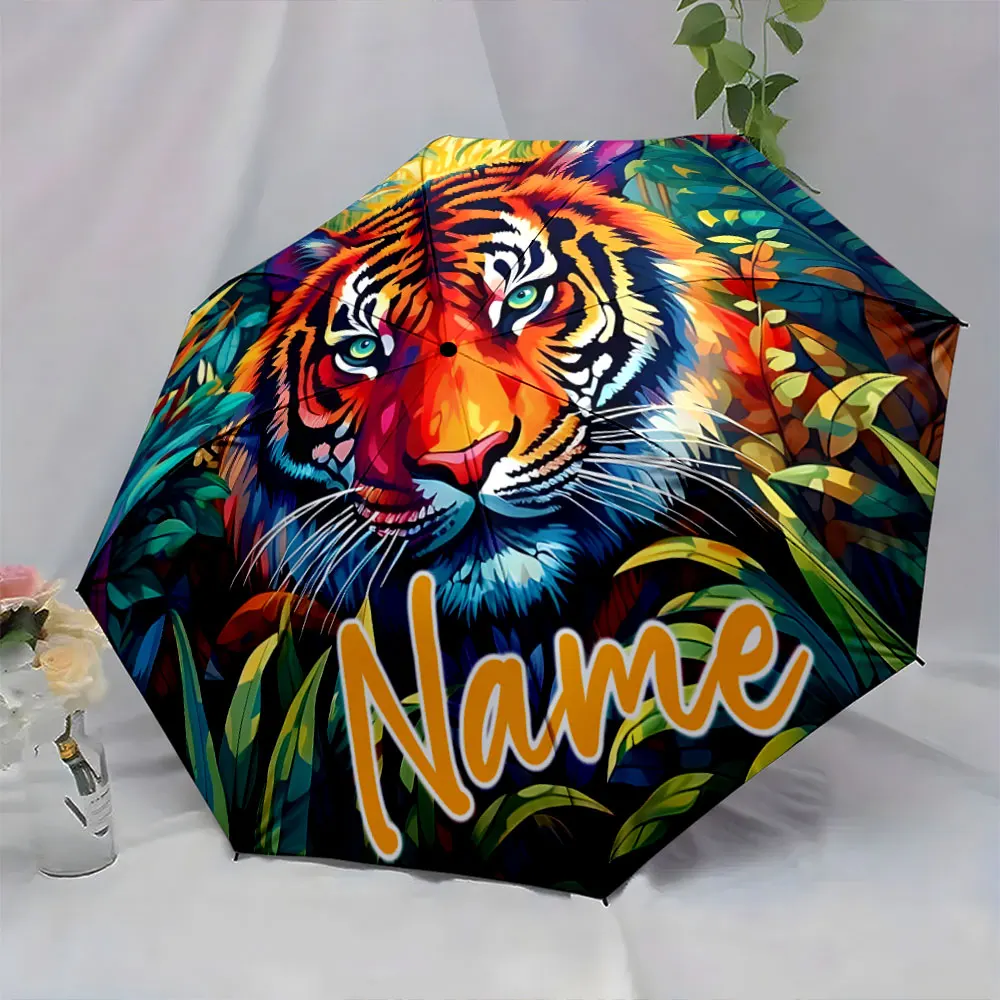 Custom Name Vibrant Tiger Design Umbrella for Stylish Rainy Days Print 8 Iron Ribs Folding Umbrella, Auto-Open Fashion Sunshade