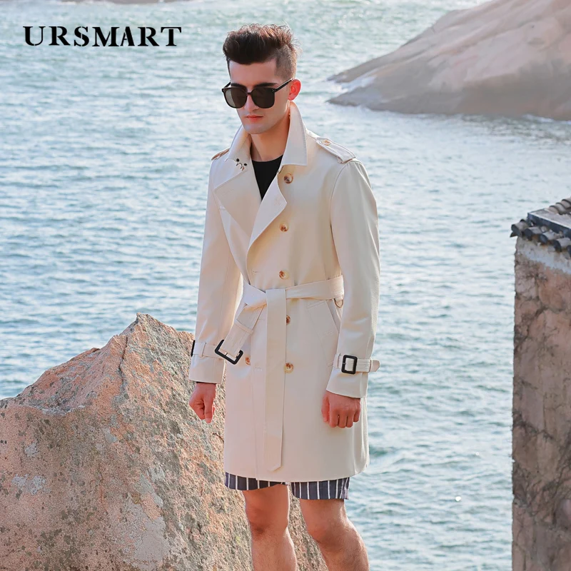 long length windbreaker men's double breasted Beige British handsome waist slim fit thickened down inner classhic trench coat me