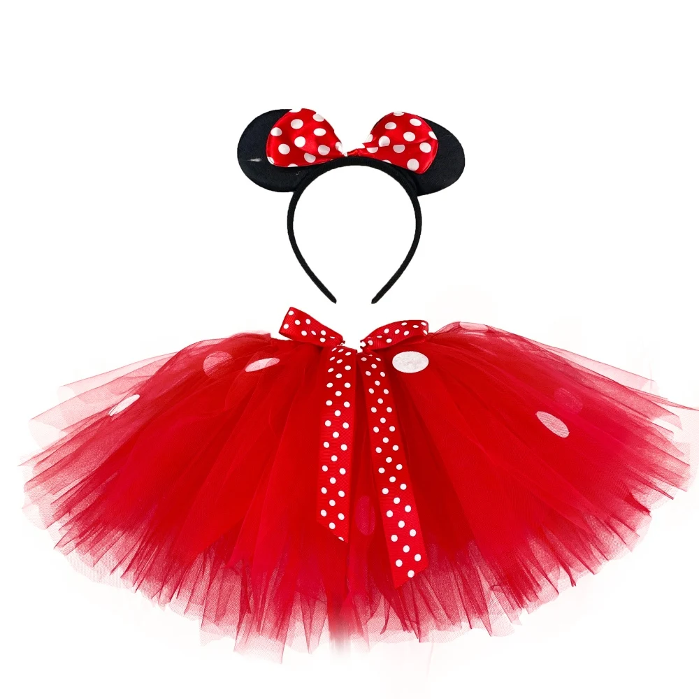 Jupes tutu rouges de dessin animé pour filles, jupes en tulle de ballet pour bébés avec pois blancs et nœud pour cheveux, costume de fête cosplay pour enfants