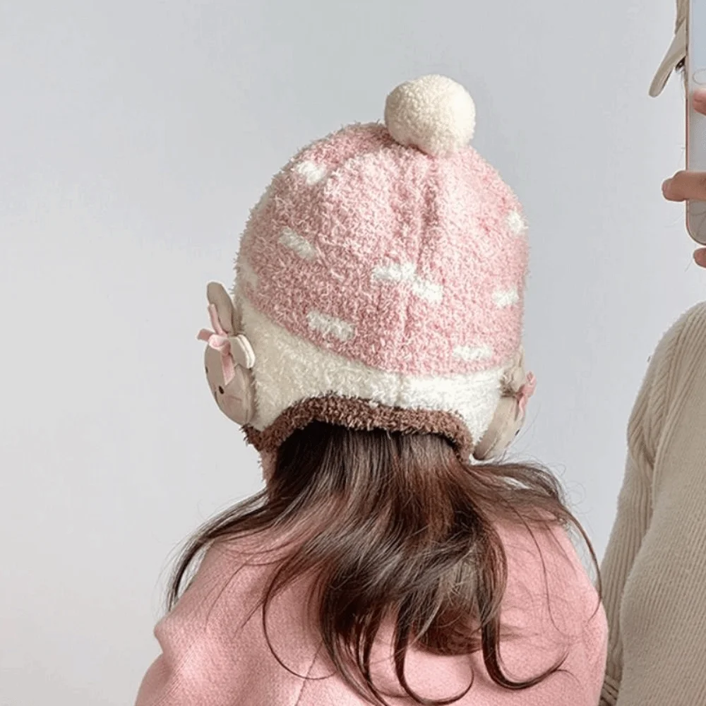 Precioso gorro con protección para los oídos para bebé a prueba de viento, gorro grueso de lana Coral para niños, gorro para mantener el calor con dibujos animados para niños pequeños al aire libre