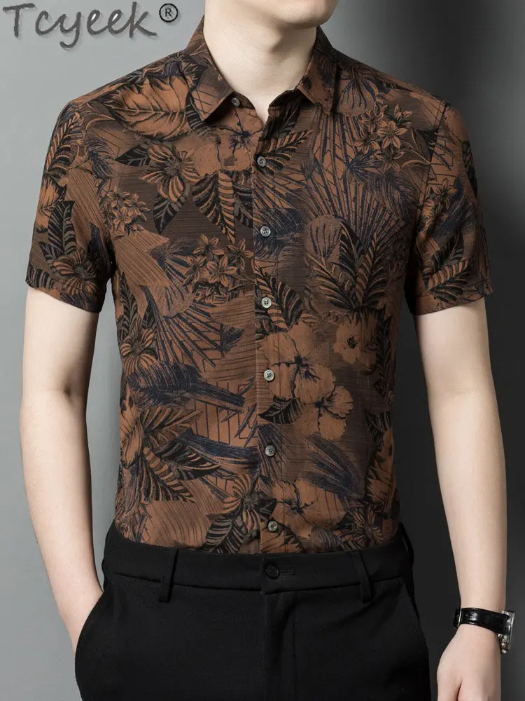 90% Mulberry Silk Shirts for Men Summer Thin Short Sleeve Top High-end Real Silk Print Shirt Mens Clothing Casual Camisa Hombre