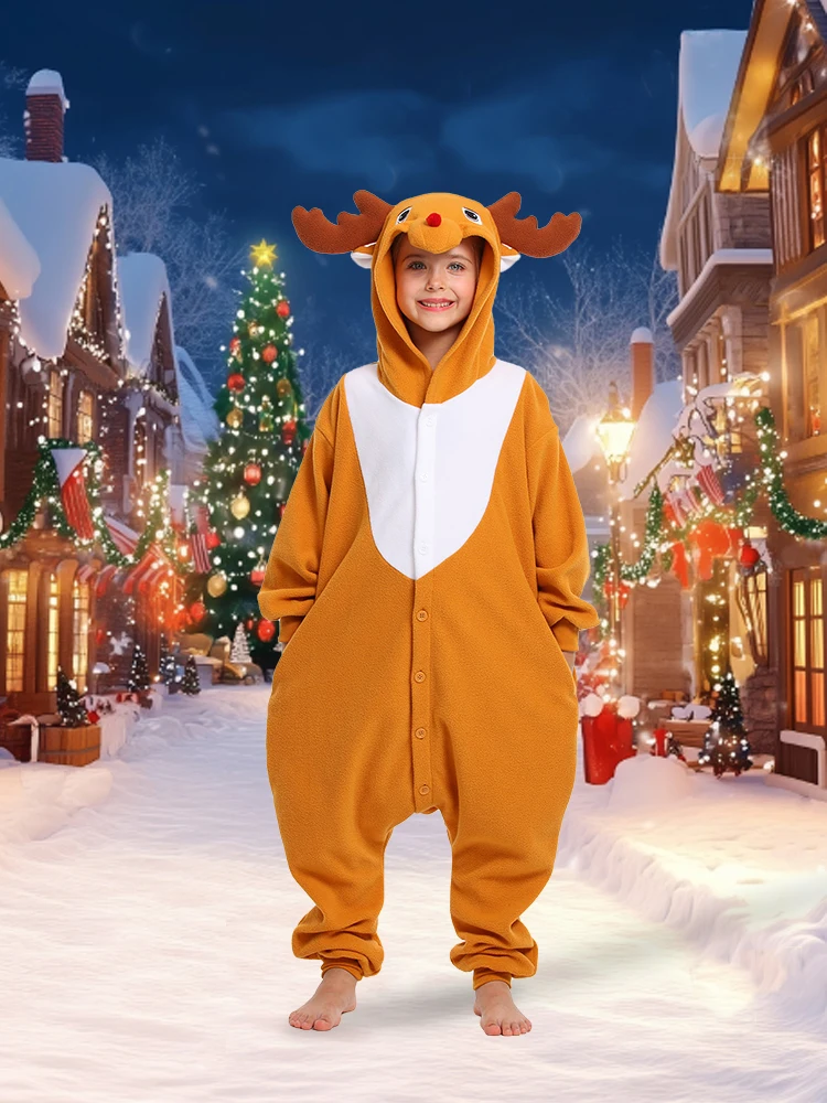 Kids Reindeer One Piece Pajamas Unisex Winter Soft Onesie Sleepwear Halloween Christmas Animal Cosplay Costume Funny Pyjamas