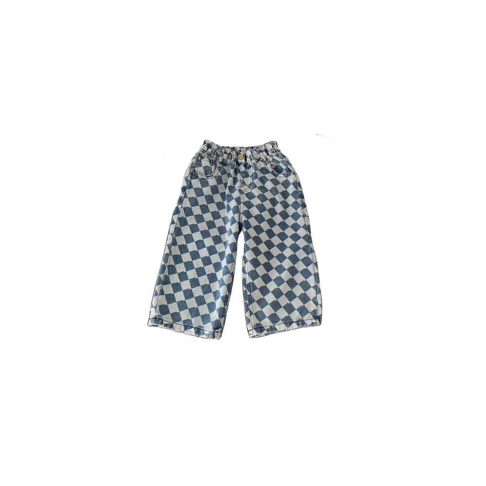 VERHOGEN 2026 Lente Kinderen Jongens Denim Broek Argyle Plaid Baby Jongens Rechte Broek Losse Leisure Veelzijdige Babys Jongen Jeans Broek
