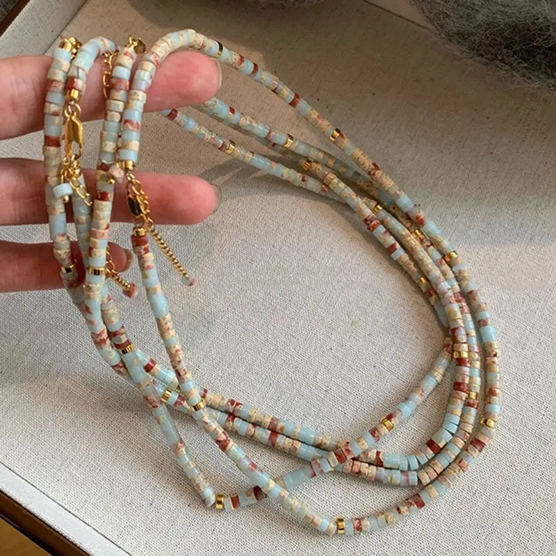 Vintage Pattern Natural Jasper Stone Colorful Beaded Necklace for Women's Light Luxury High Grade Collar Chain