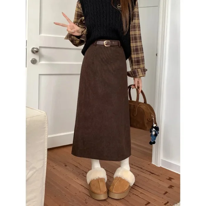 Retro Hong Kong Style Thickened Corduroy Solid Color Half-length Skirt Women's Autumn Winter Wraparound Skirt Mid-length Skirt