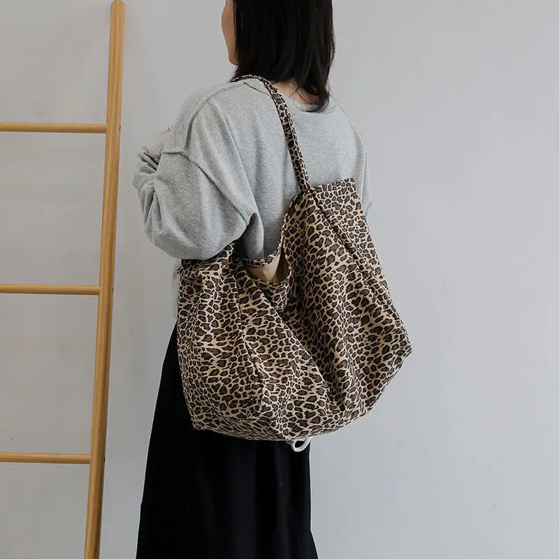 Large Capacity Leopard Print Tote Bag Canvas Handbag Female Women Fashion Casual Shopping Eco Friendly Shoulder Bag