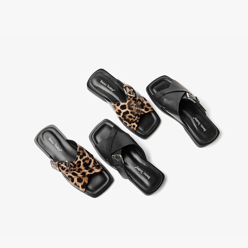 BEAUTODAY sandali per il tempo libero donna vera pelle di mucca Design leopardato pantofole da spiaggia estive scarpe da donna fatte a mano 36302