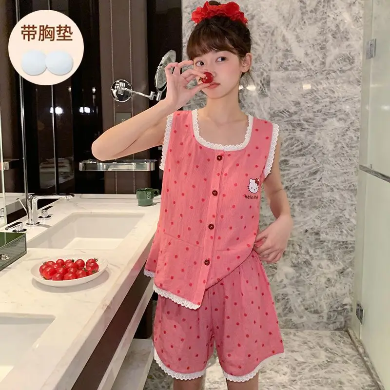 夏の新しいサンリオ綿糸カーディガンベストショーツセット漫画ハローキティパジャマ女性、甘いインスタイル部屋着パジャマ