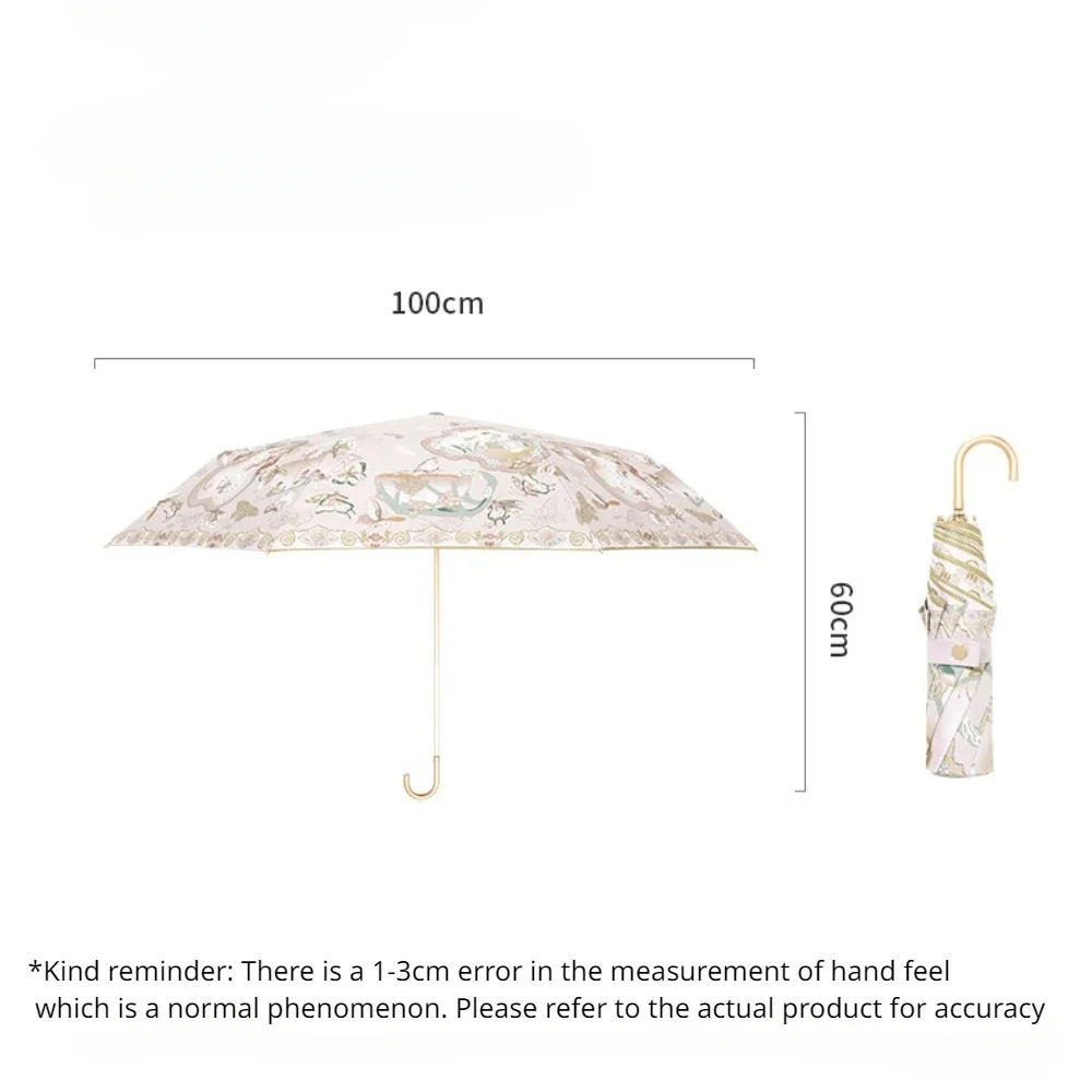 Three Fold Umbrella Sunny Rain Dual-Purpose Folding Umbrella Vintage Sun Protection Anti-Uv Curved Handle Gold Hook Umbrellas