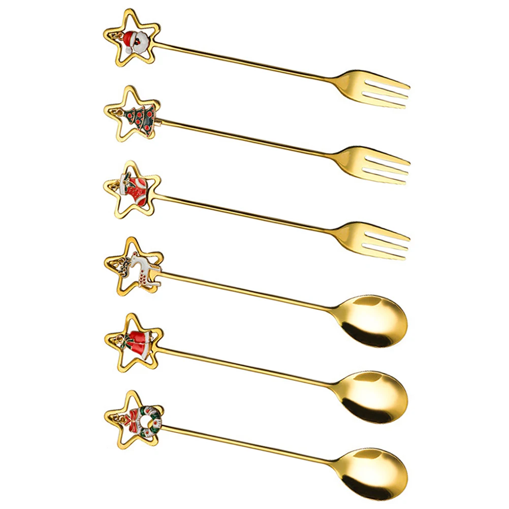

1 Set Stainless Steel Spoon Fork Set Christmas Dessert Cutlery Heavy Duty Metal Dinnerware For Home Cafe Restaurant Hotel Cake